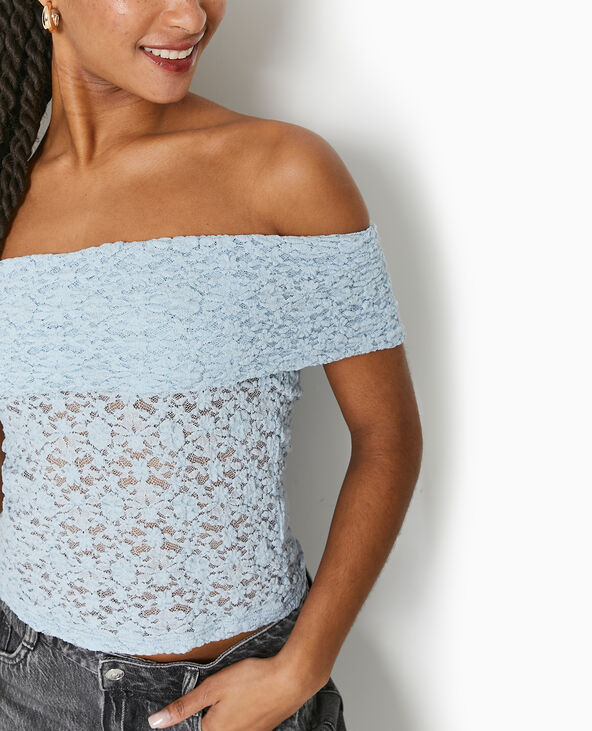Top en dentelle encolure Bardot bleu clair - Pimkie