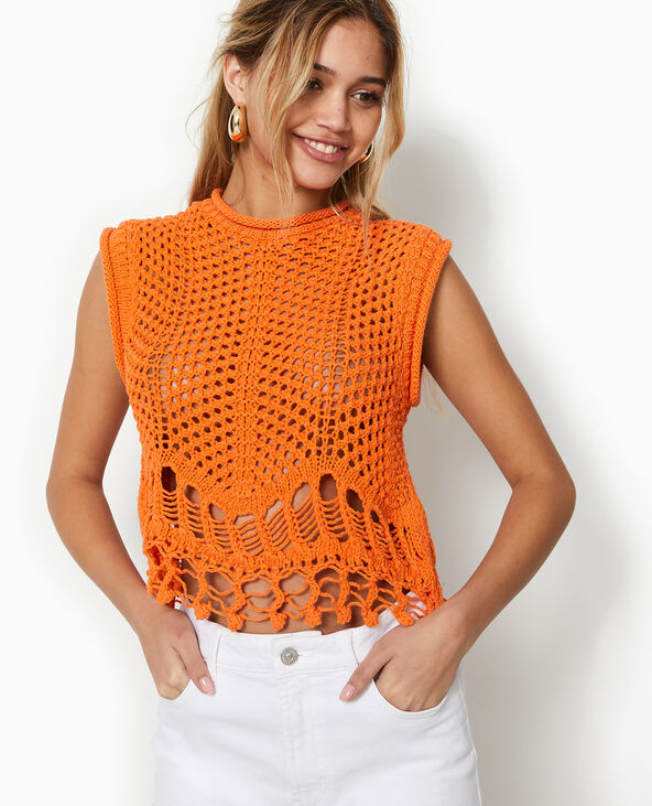Pull sans manches en maille ajourée et fantaisie orange - Pimkie