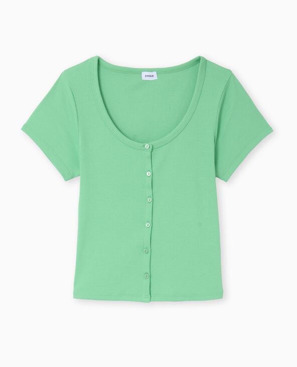 T-shirt court boutonné en maille côtelée vert clair - Pimkie