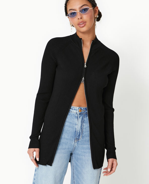 Gilet long en maille côtelée avec col montant noir - Pimkie