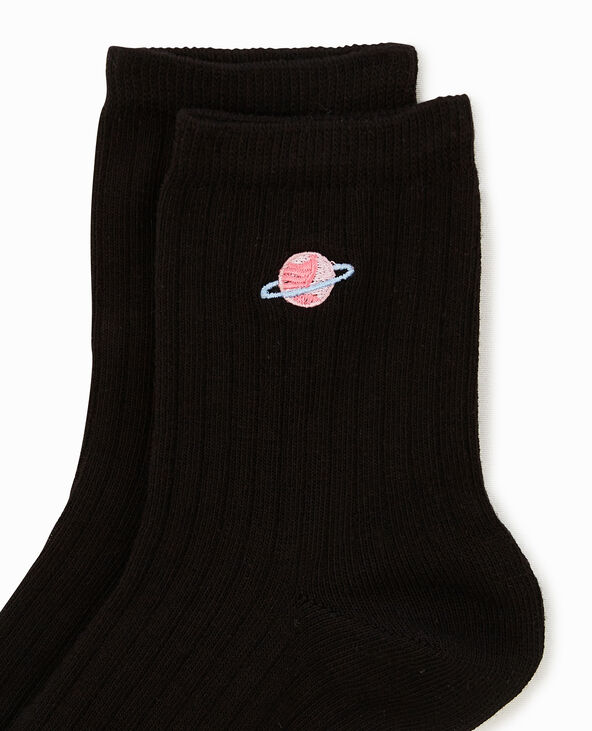 Paire de chaussettes broderie planète noir - Pimkie