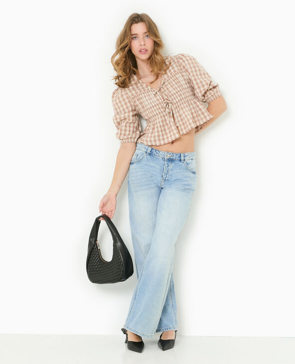 Blouse avec smocks et nouettes motif vichy beige chiné - Pimkie