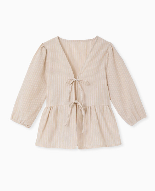 Blouse rayée avec nouettes et manches bouffantes beige - Pimkie