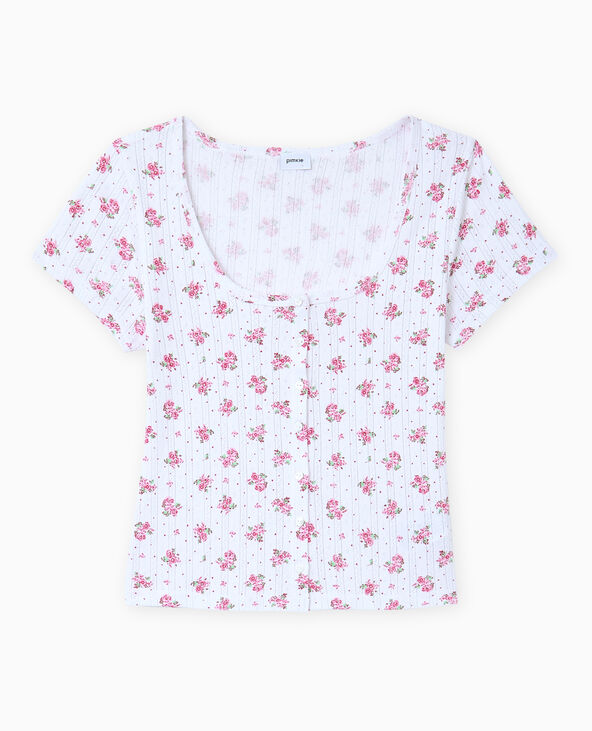 T-shirt boutonné en maille pointelle motif fleurs écru - Pimkie