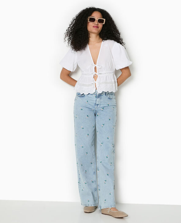 Blouse manches courtes avec broderies et dentelle blanc - Pimkie