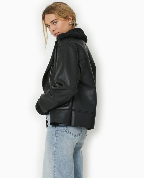 Blouson bombardier en simili avec sherpa noir - Pimkie