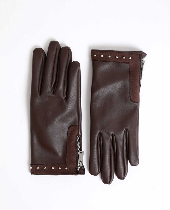 Gants en faux cuir clouté marron - Pimkie