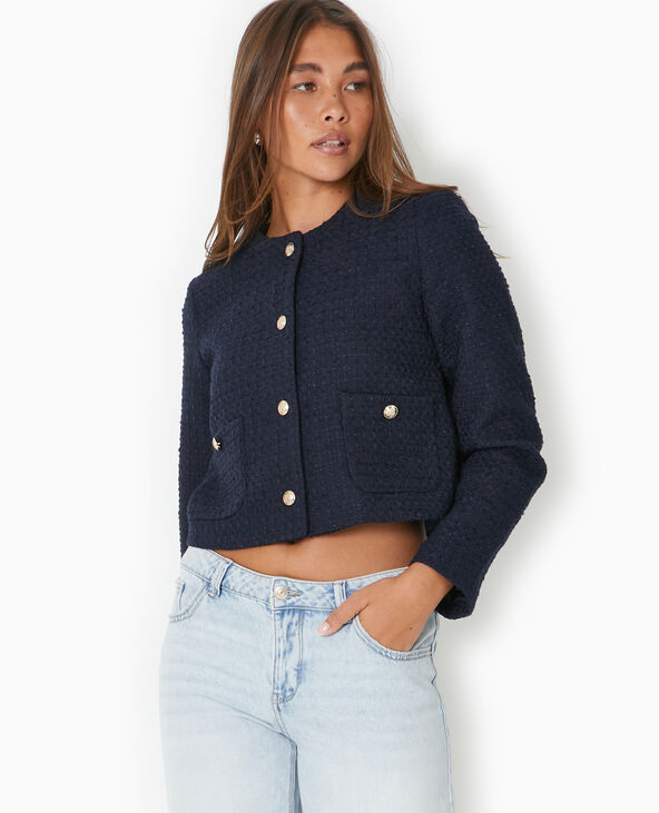 Veste droite en tweed avec boutons dorés bleu marine - Pimkie
