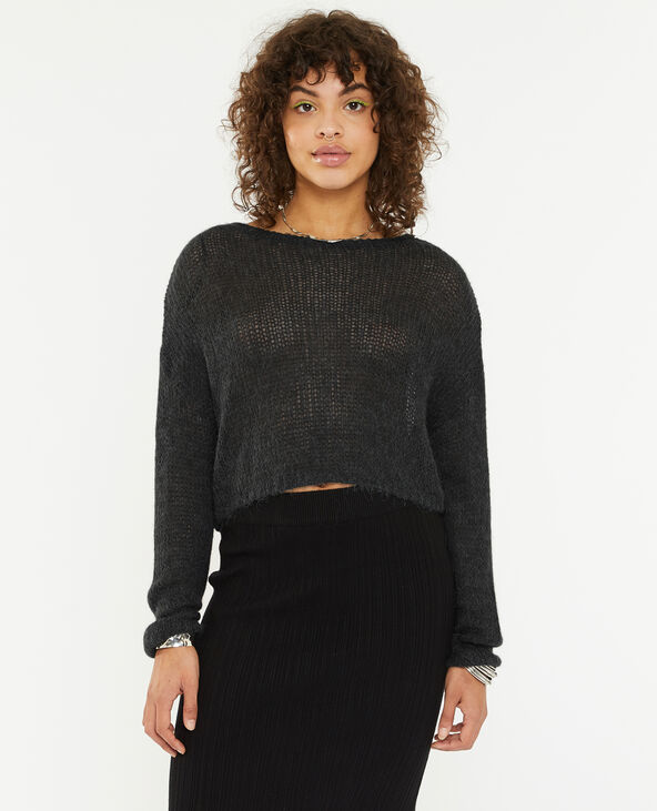 Pull cropped en maille transparente gris foncé - Pimkie