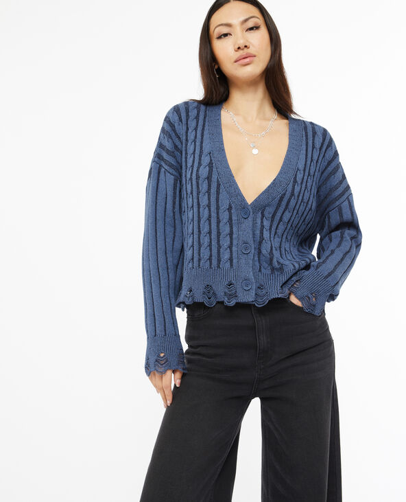 Gilet en maille torsadée effet destroy bleu - Pimkie