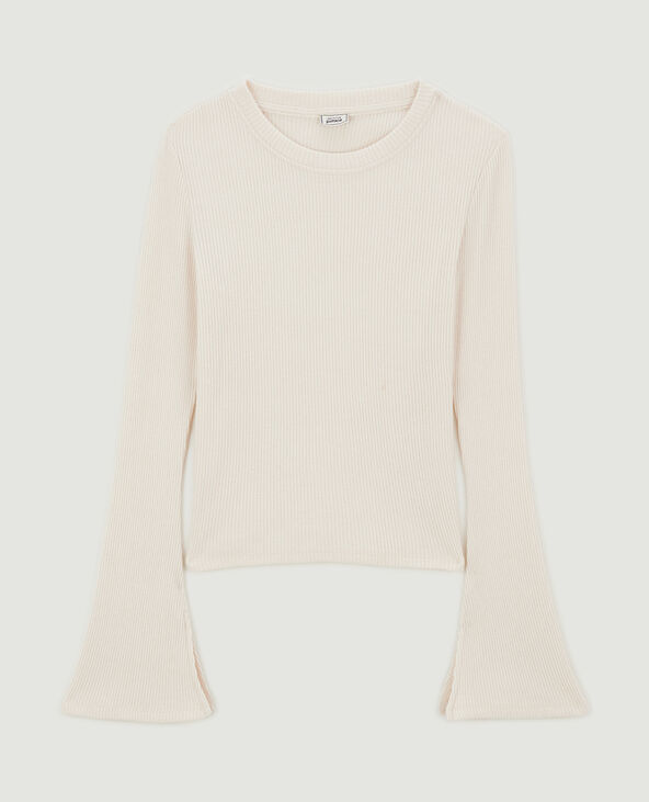 Pull fin en maille côtelée col rond beige - Pimkie