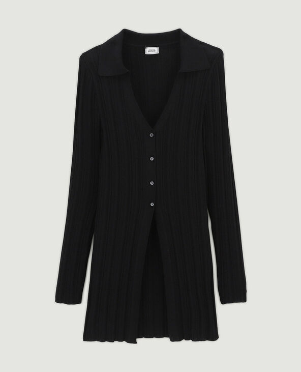 Gilet long en maille côtelée col polo noir - Pimkie
