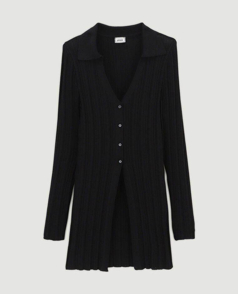 Gilet long en maille côtelée col polo noir - Pimkie