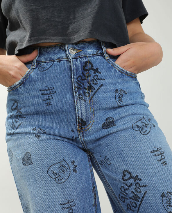 Jean wide leg high waist à écritures bleu - Pimkie