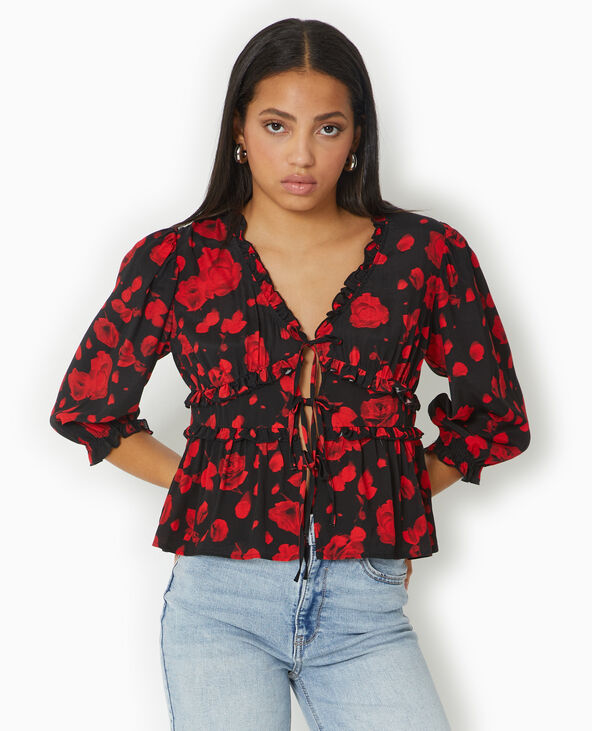 Blouse avec nouettes et volants motif roses noir - Pimkie