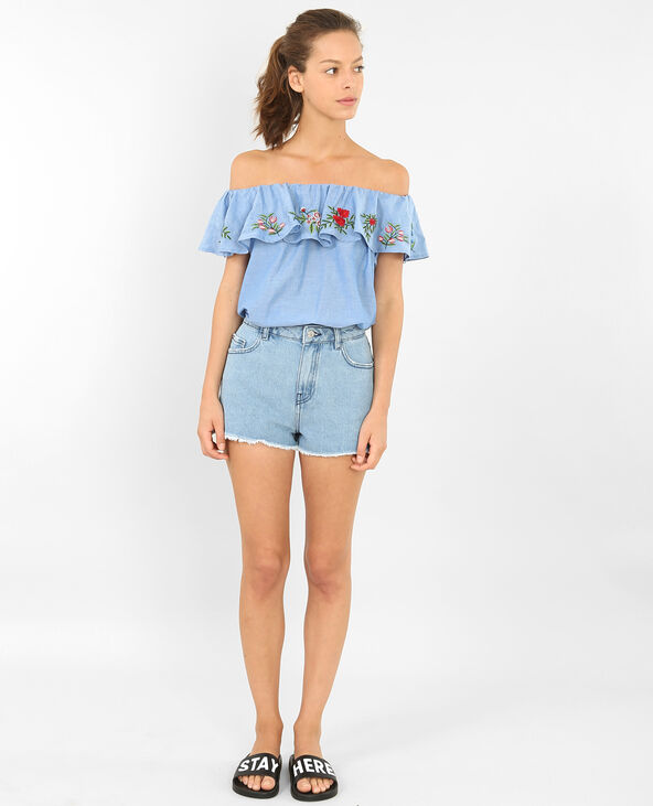 Blouse à col bardot brodée Jean bleached - Pimkie