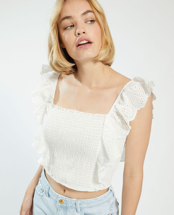 Top smocké avec broderie anglaise blanc - Pimkie