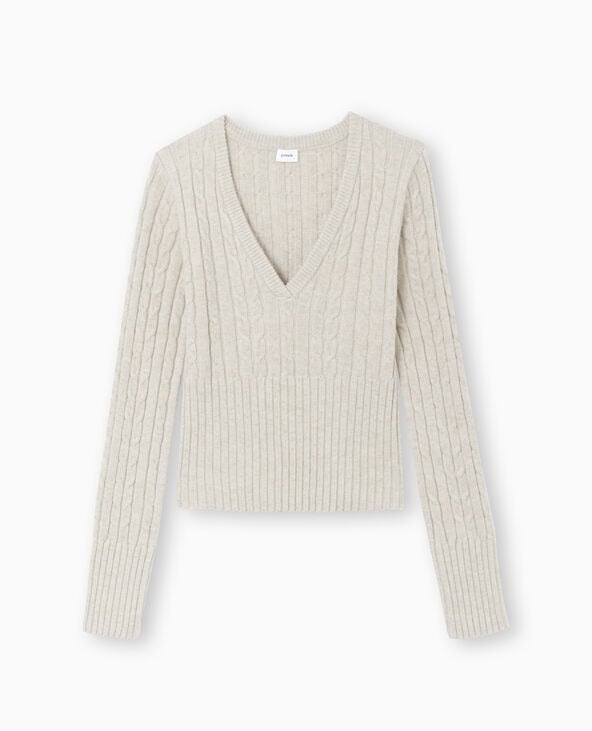 Pull col V en maille torsadée beige - Pimkie