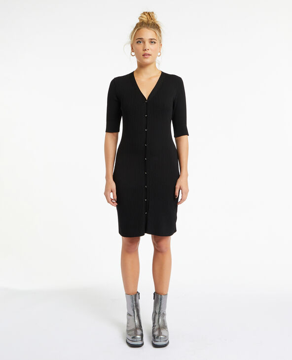 Robe courte boutonnée en maille côtelée noir - Pimkie