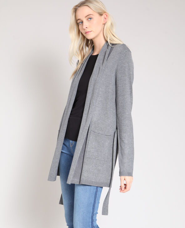 Gilet long à ceinture gris chiné - Pimkie