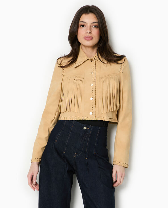 Veste western courte en suédine avec franges beige - Pimkie