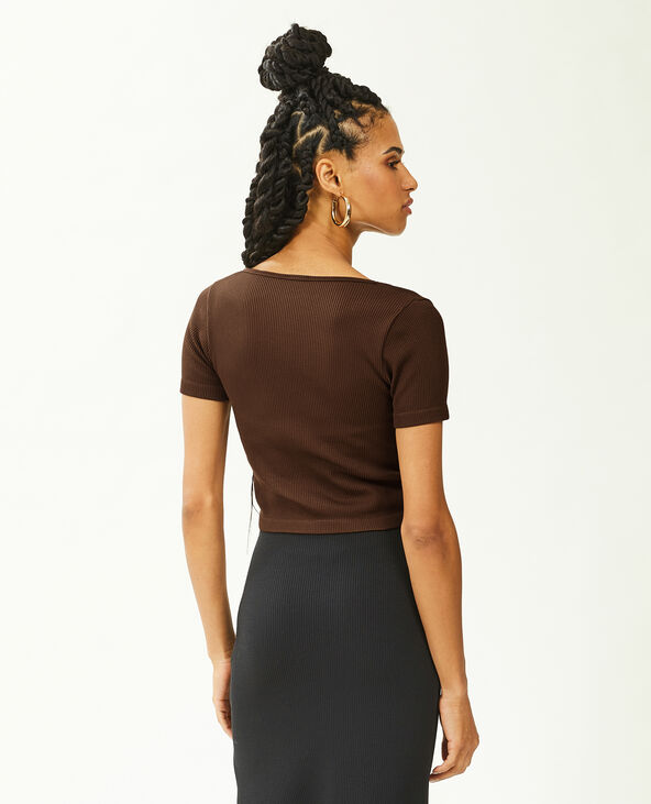 T-shirt cropped col V marron - Pimkie