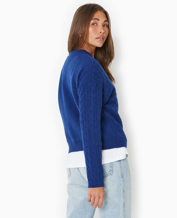 Pull en maille torsadée col V bleu marine - Pimkie