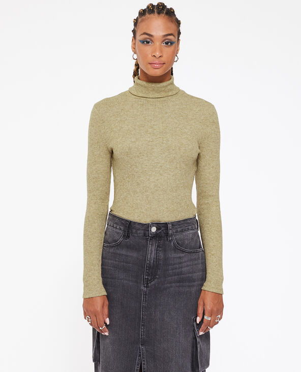Pull fin col roulé maille côtelée vert olive - Pimkie