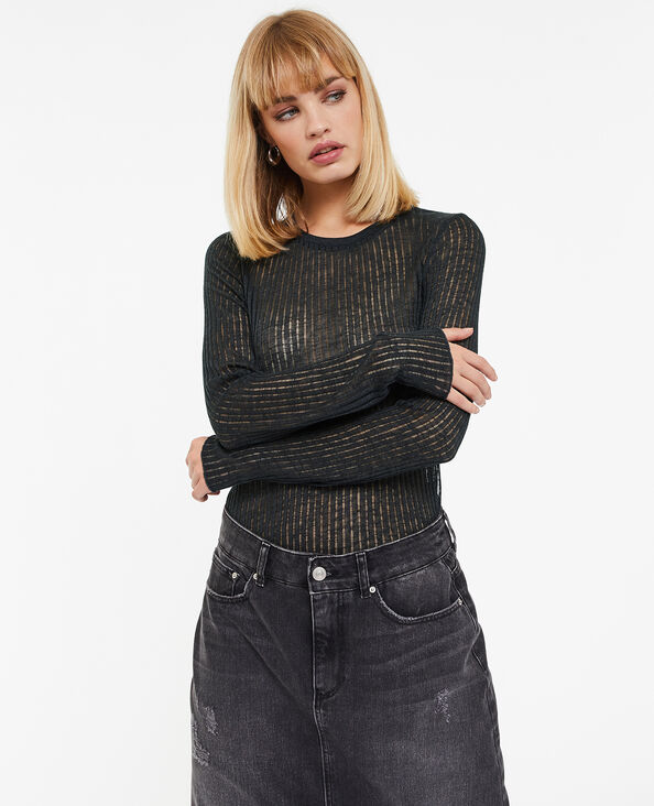 Top manches longues maille côtelée transparente gris foncé - Pimkie