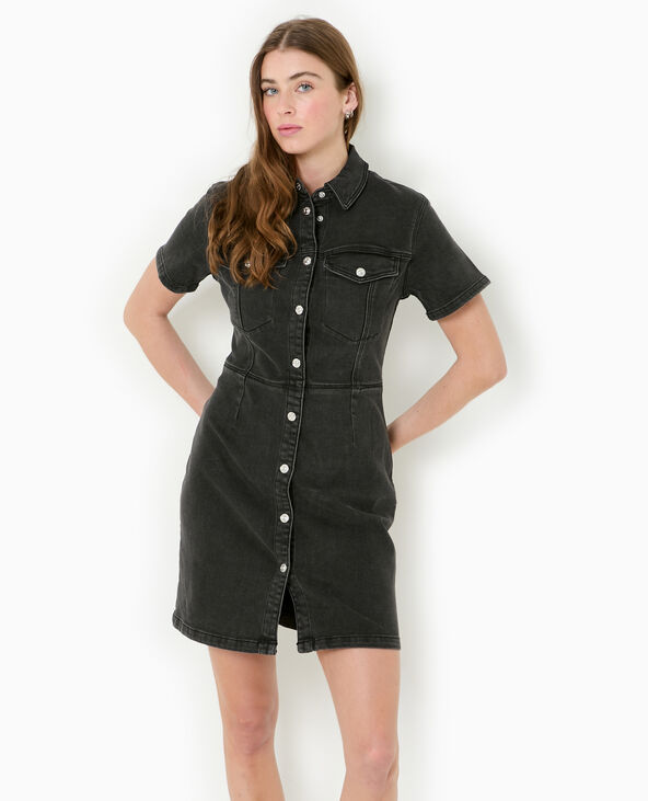 Robe courte boutonnée en jean stretch noir - Pimkie