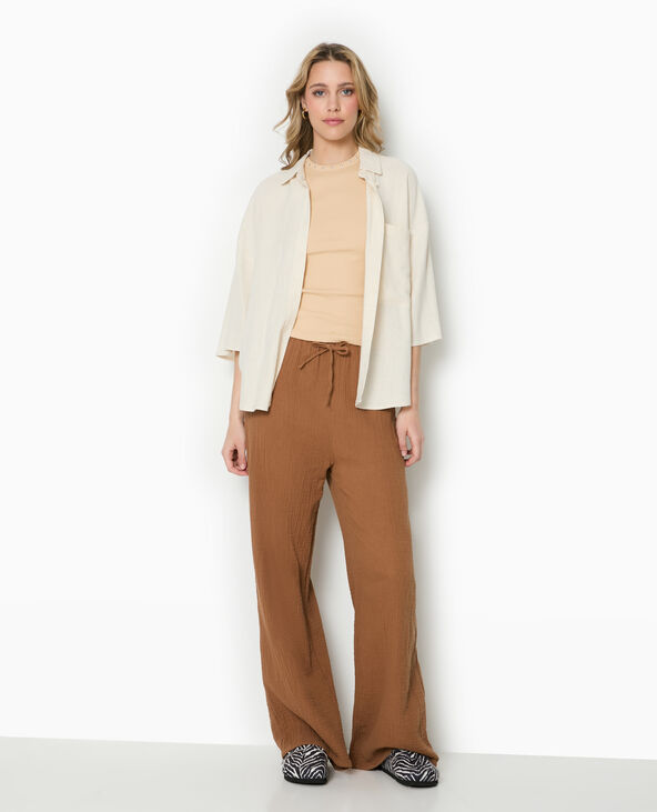 Pantalon large en gaze de coton marron - Pimkie