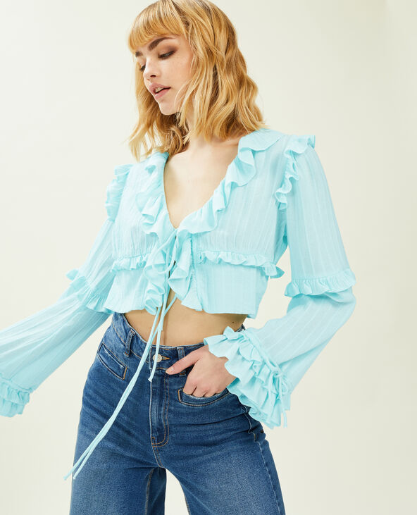 Blouse courte avec volants et nouettes bleu turquoise - Pimkie
