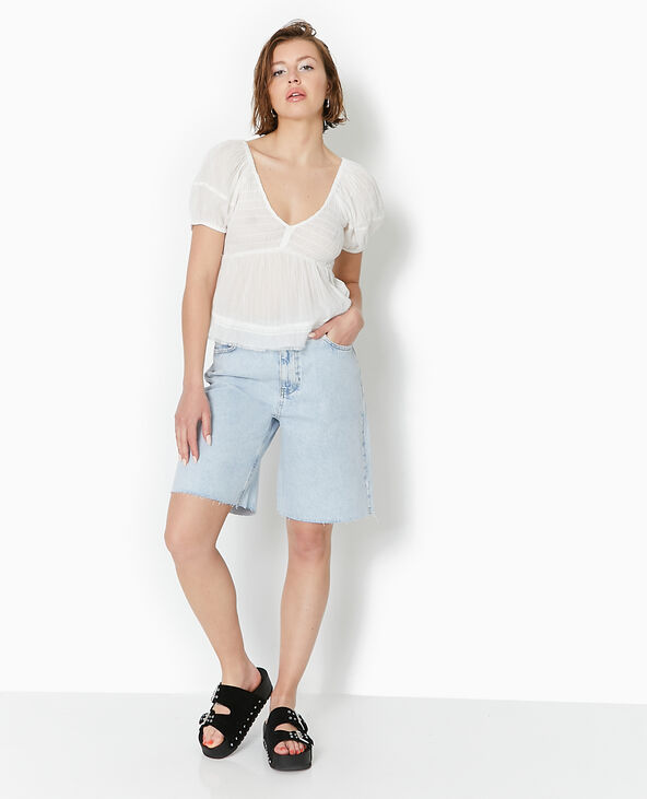 Top en tissu léger avec dentelle et smock blanc - Pimkie