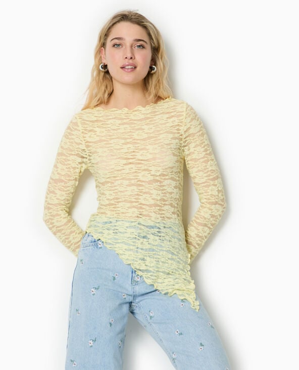 Top asymétrique dentelle manches longues Jaune pâle - Pimkie