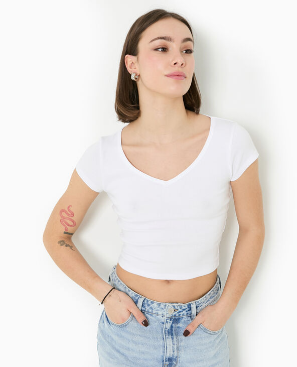 T-shirt court col V blanc - Pimkie