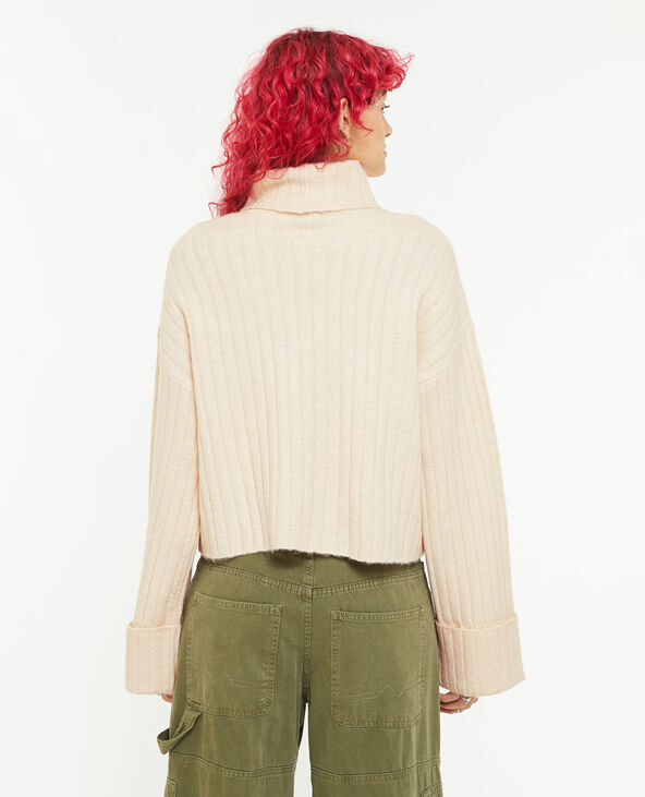 Pull court col roulé en maille côtes plates beige - Pimkie