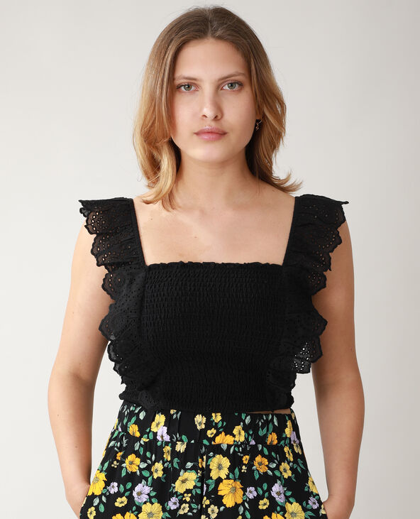 Top smocké avec broderie anglaise noir - Pimkie