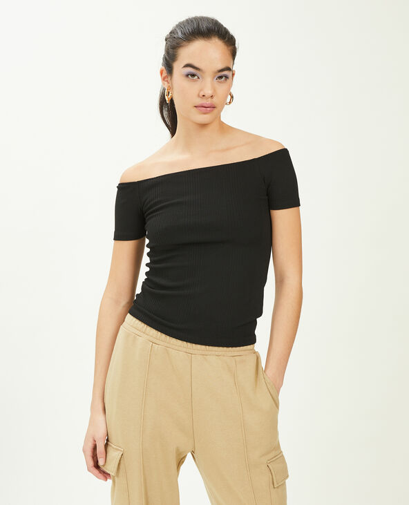 Top encolure Bardot maille côtelée noir - Pimkie