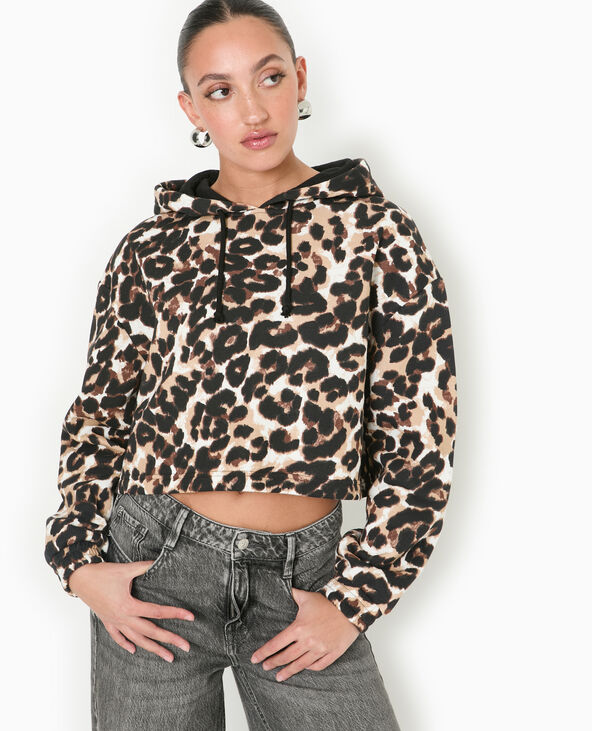 Sweat cropped motif léopard avec capuche noir - Pimkie