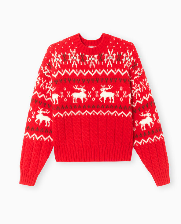 Pull de Noël jacquard avec torsades rouge - Pimkie