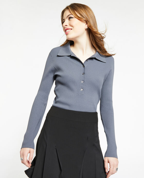 Pull col polo en maille côtelée gris foncé - Pimkie