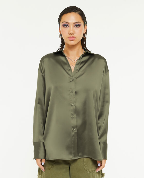 Chemise oversize en satin vert kaki - Pimkie