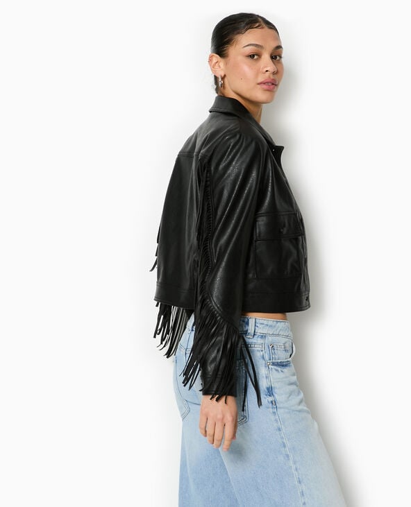 Veste courte en simili avec franges noir - Pimkie