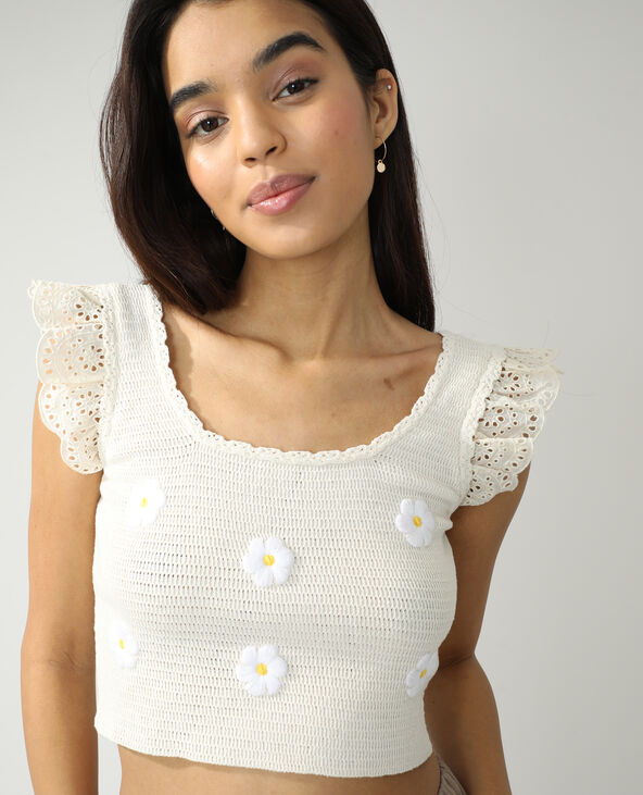 Top fleuri à dentelle anglaise écru - Pimkie
