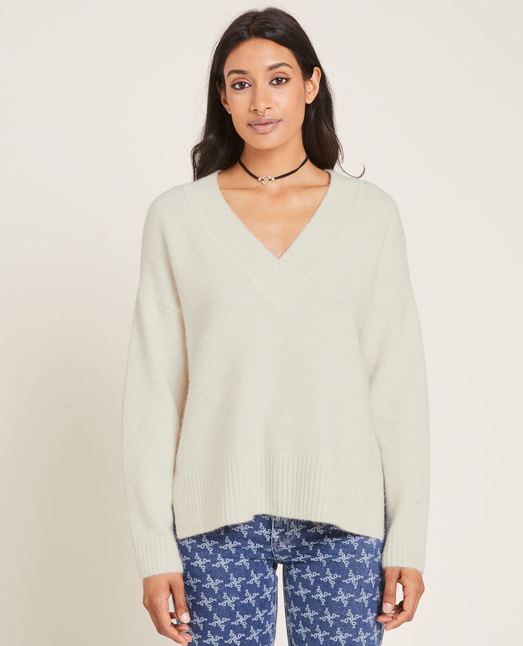 Pull grand col V blanc - Pimkie
