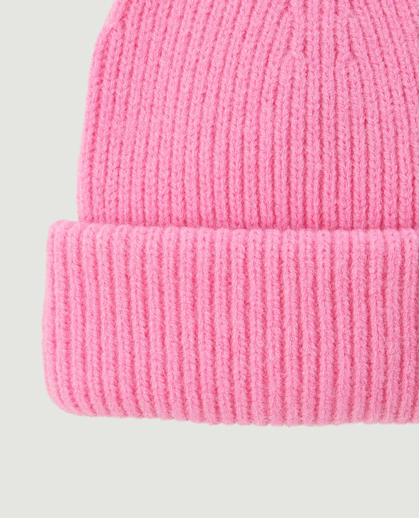 Bonnet en maille grand revers rose fuchsia - Pimkie