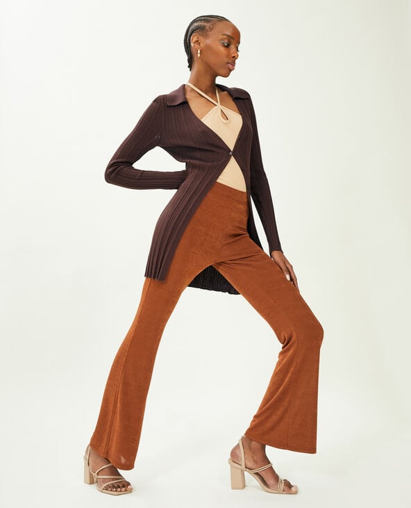 Gilet long en maille côtelée col polo marron - Pimkie