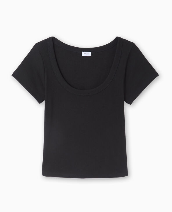 T-shirt maille côtelée grande encolure noir - Pimkie
