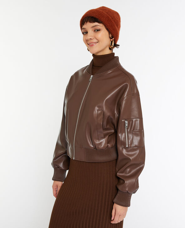 Blouson bomber en simili cuir marron - Pimkie