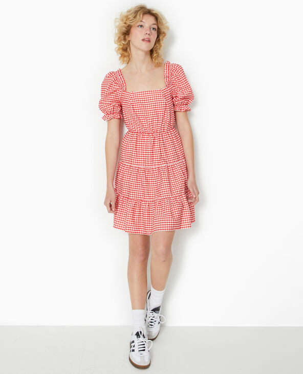 Robe courte avec manches ballons motif vichy rouge - Pimkie